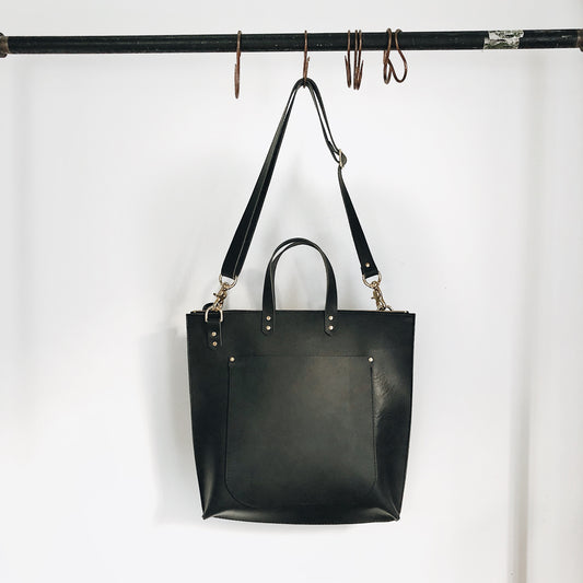 Small leather zipper tote in black