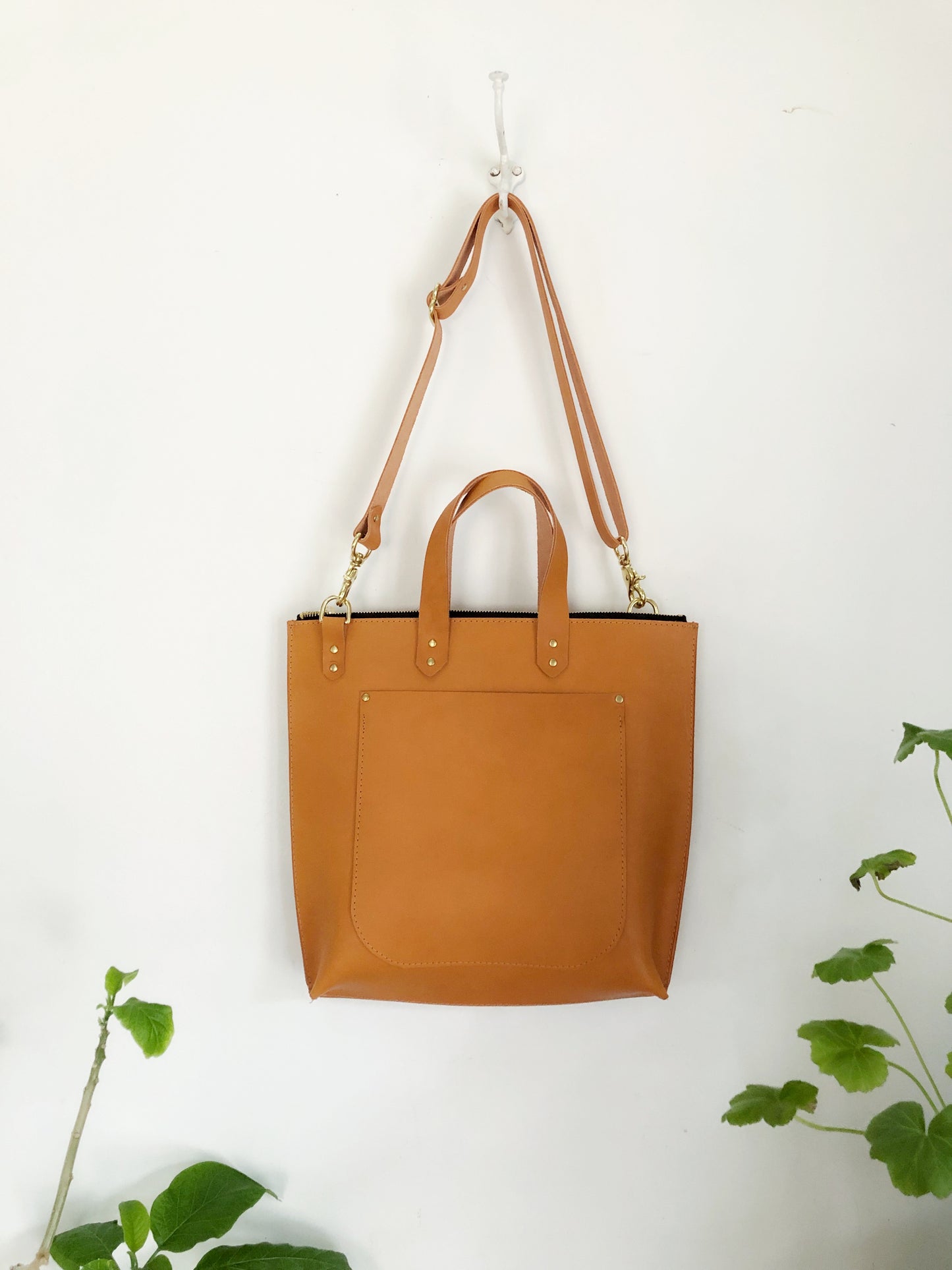 Small leather zipper tote tan color